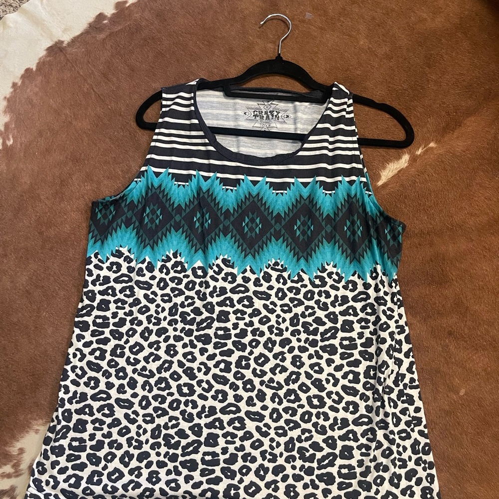 Crazy Train Black and Teal Patterned Tank Top